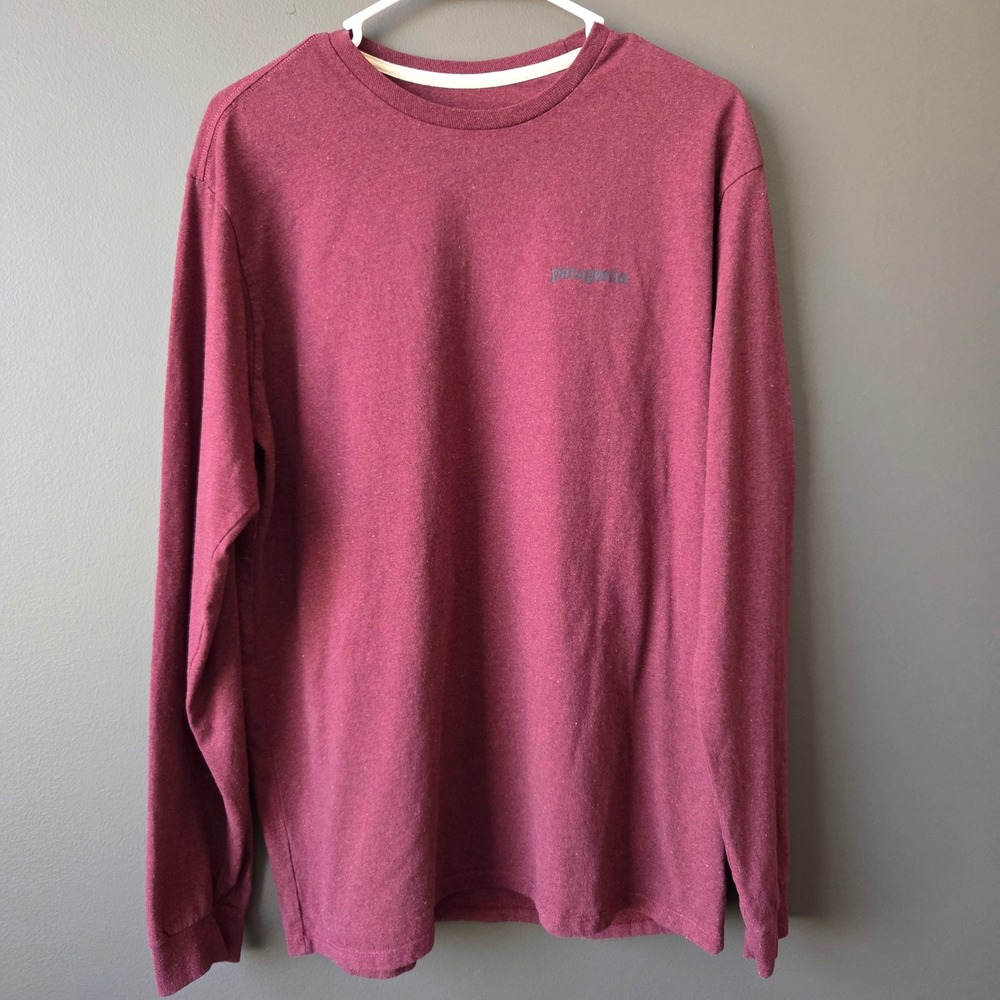 Patagonia Mens Responsibili-Tee Long Sleeve Shirt Burgundy Red Mountain Logo M - Picture 2 of 6